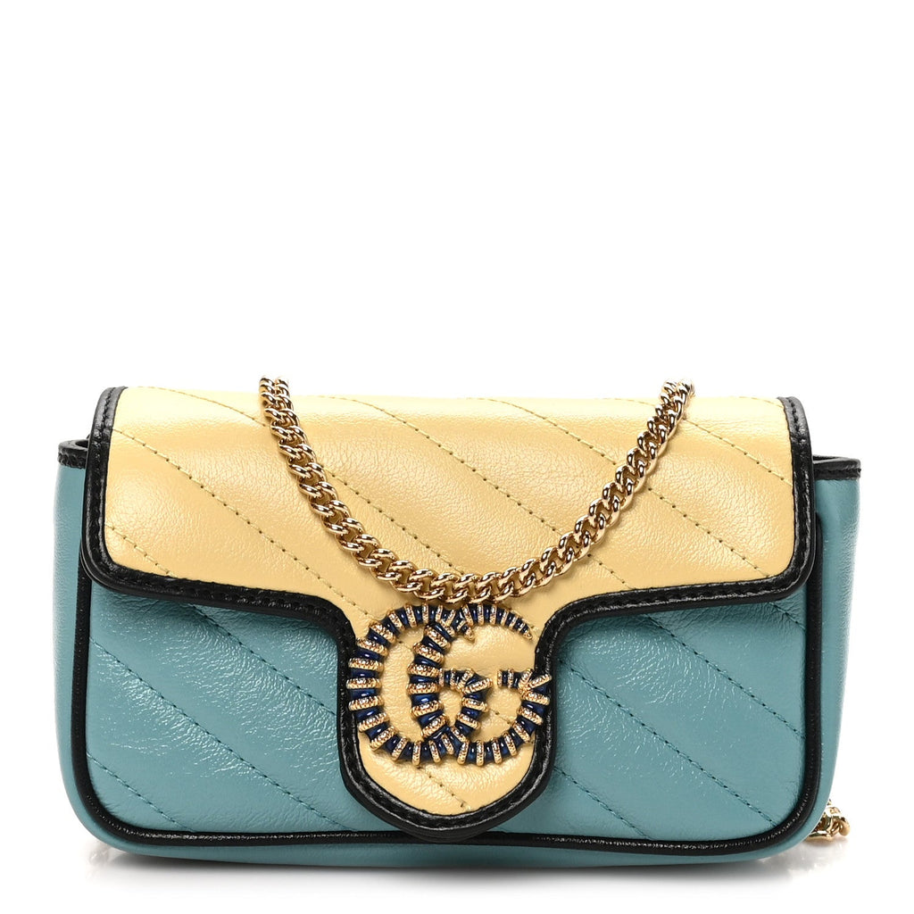 Gucci Azalea Calfskin Enamel Matelasse Diagonal Super Mini Torchon GG Marmont Shoulder Bag Butter Dusty Azure Black Electric Blue