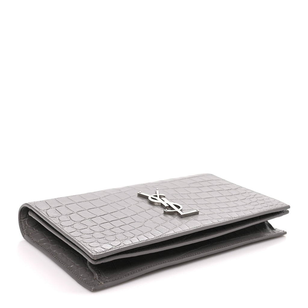 Saint Laurent Croc Embossed Calfskin Classic Kate Monogram Clutch Fog
