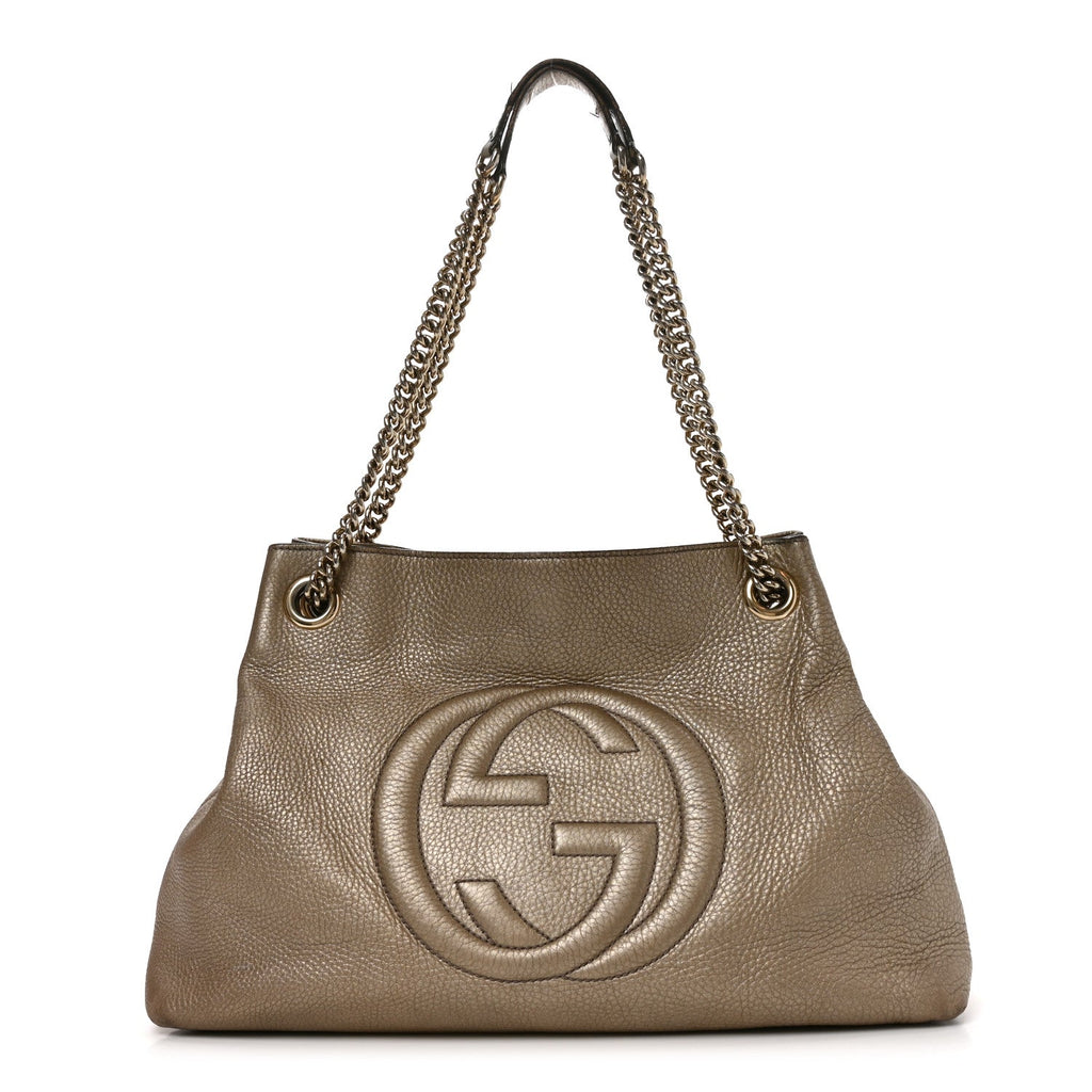 Gucci Metallic Pebbled Calfskin Medium Soho Chain Shoulder Bag Golden Beige