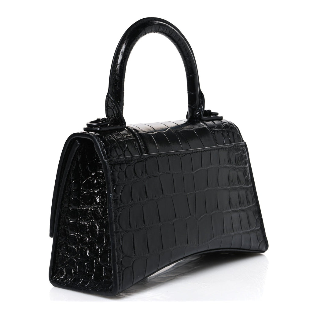 Balenciaga Shiny Calfskin Monochrome Crocodile Embossed Hourglass Top Handle Bag XS Black