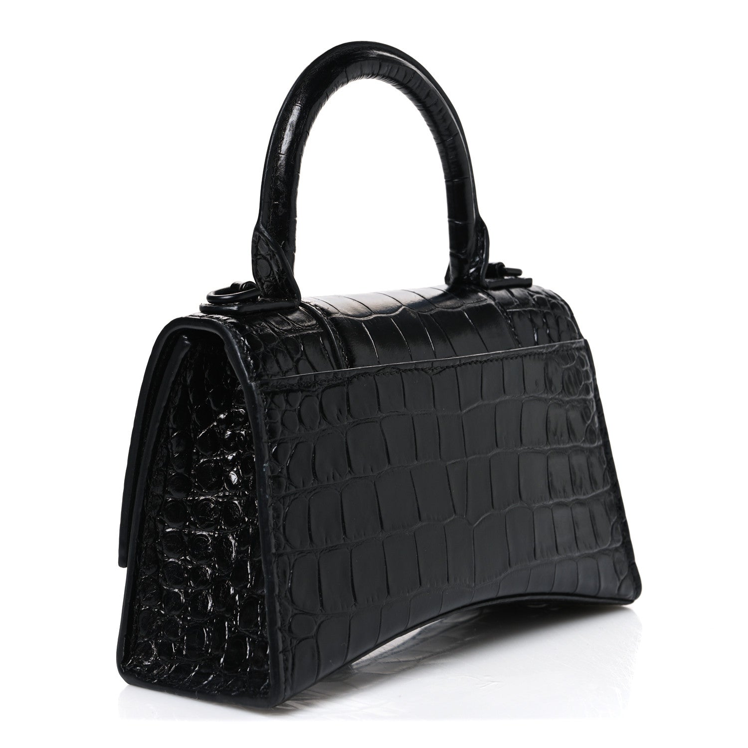 Balenciaga Shiny Calfskin Monochrome Crocodile Embossed Hourglass Top Handle Bag XS Black