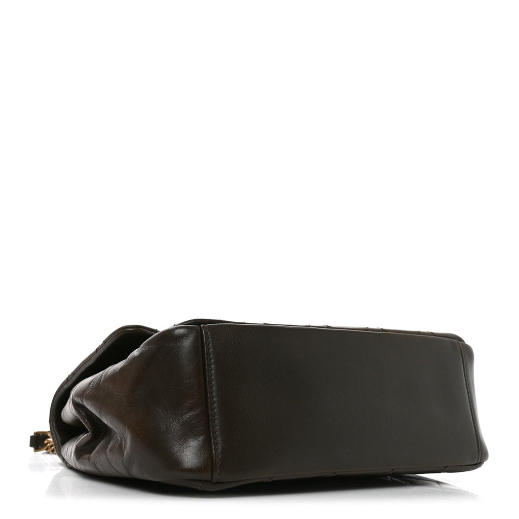 Chanel Calfskin Quilted Medium Gold Bar Top Handle Flap Dark Khaki