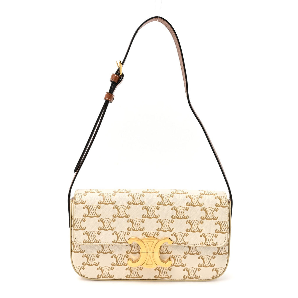 Celine Canvas Calfskin Triomphe Shoulder Bag White front view