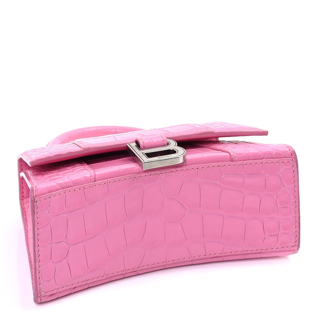 Balenciaga Shiny Calfskin Crocodile Embossed Hourglass Top Handle Bag XS Baby Pink