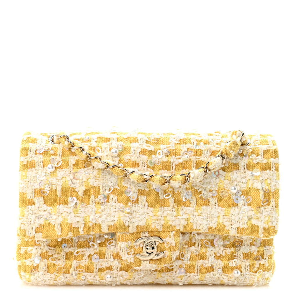 Chanel Tweed Beaded Medium Double Flap Yellow White