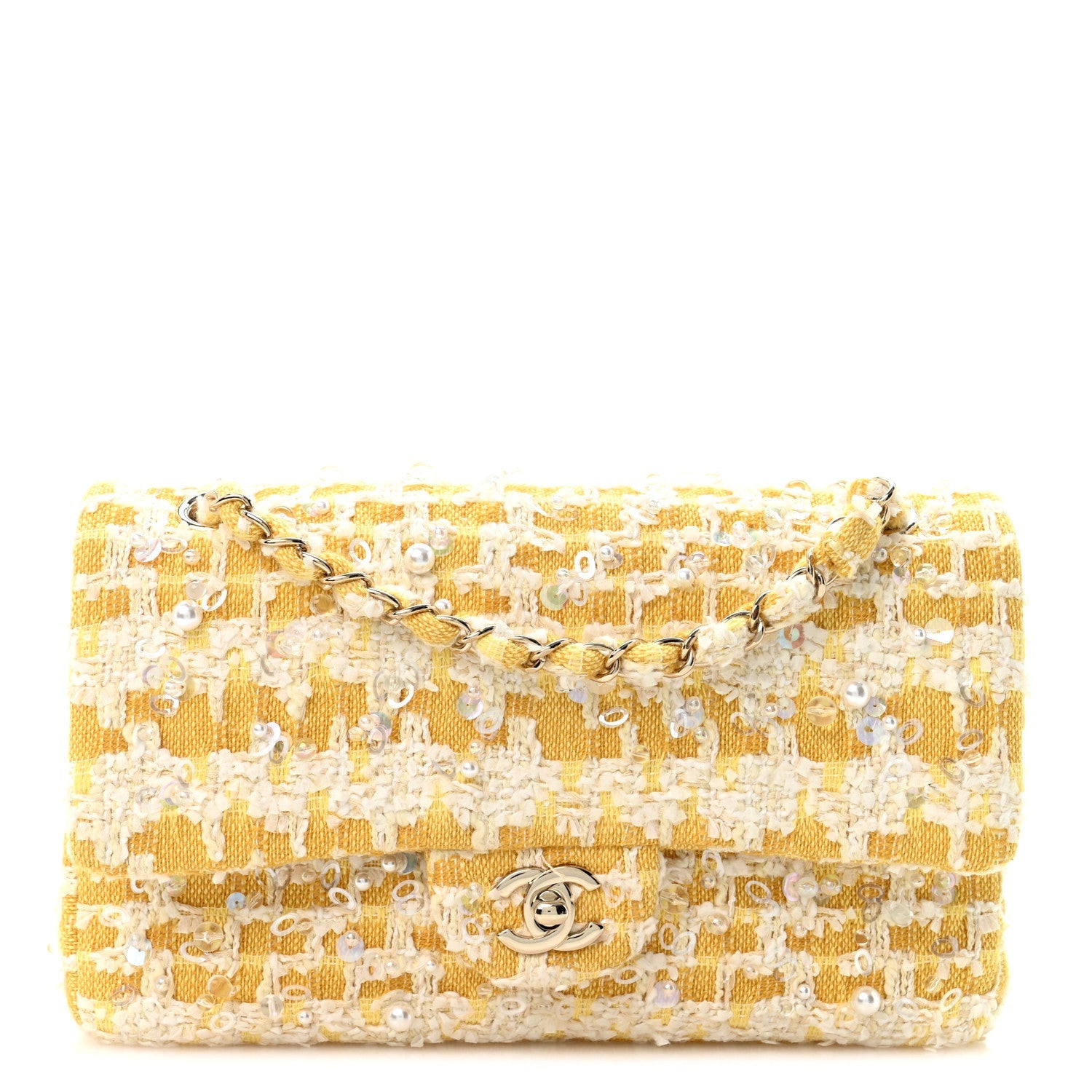 Chanel Tweed Beaded Medium Double Flap Yellow White