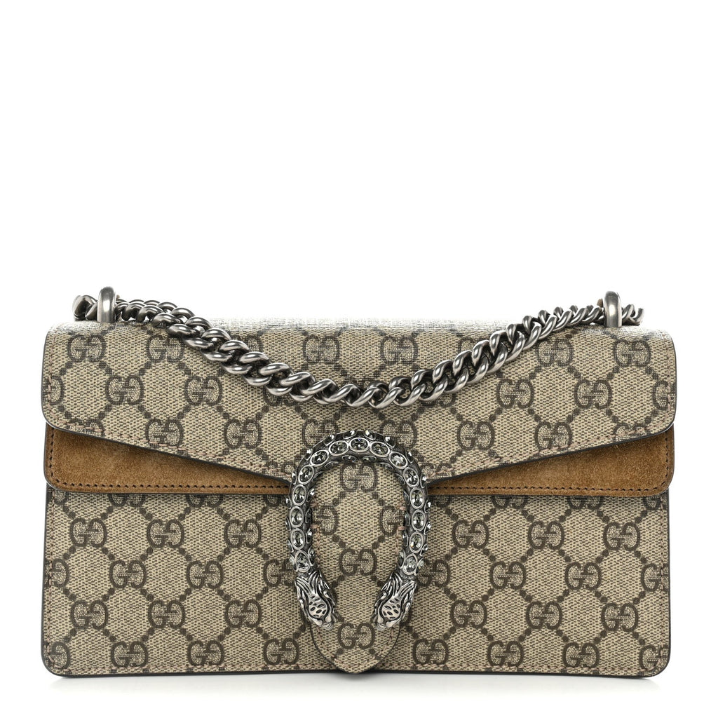 Gucci GG Supreme Monogram Suede Crystal Small Dionysus Shoulder Bag Beige Ebony Taupe