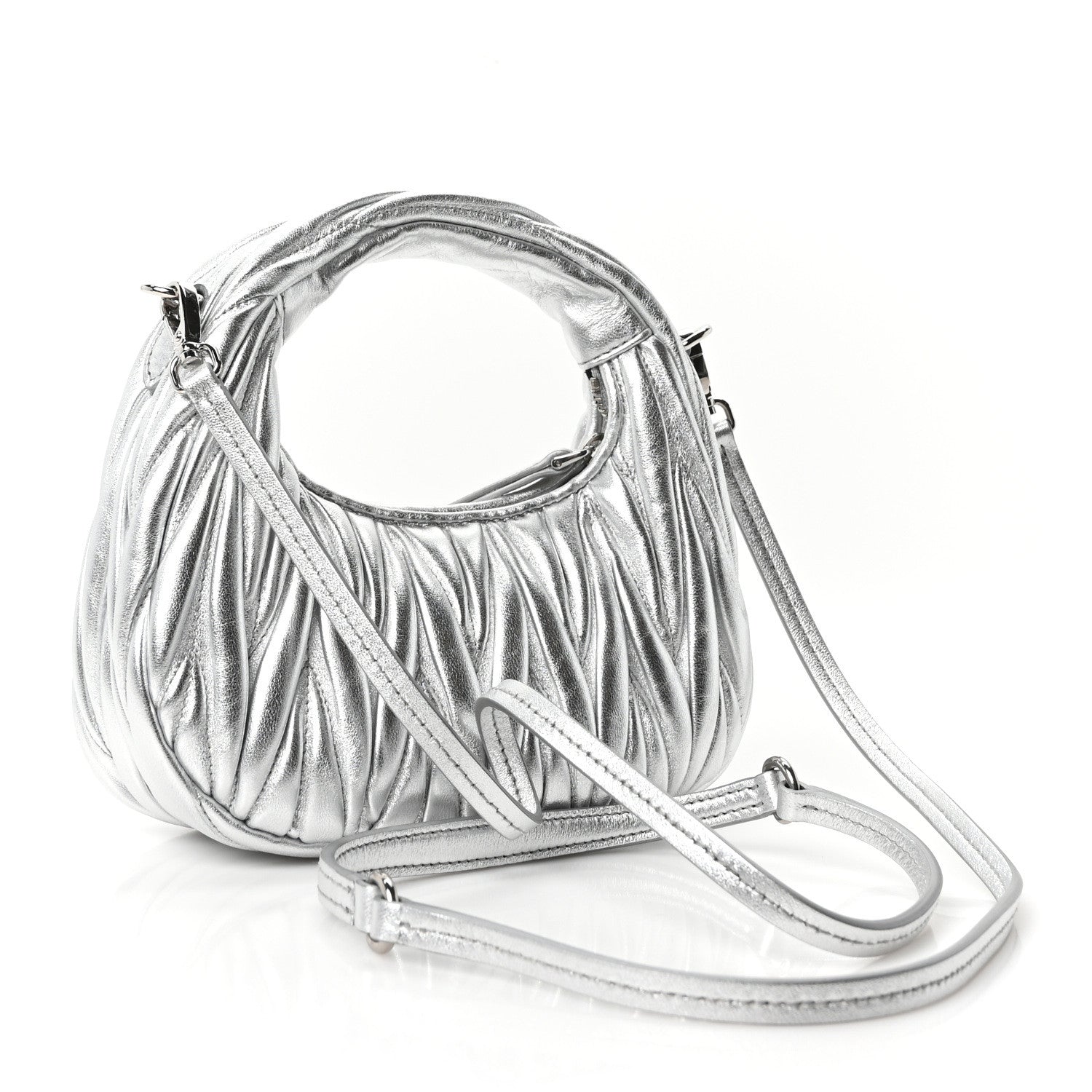 Miu Miu Metallic Nappa Matelasse Mini Wander Hobo Cromo