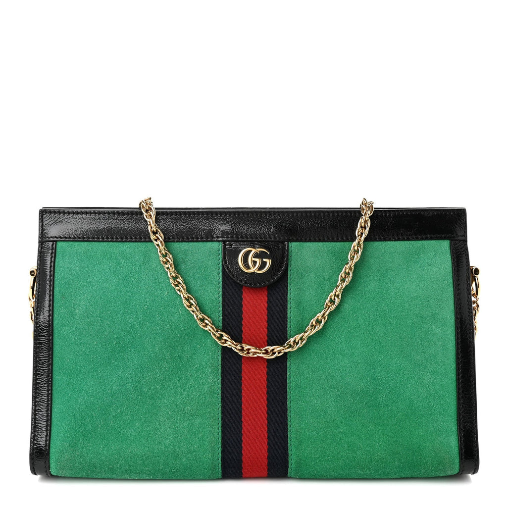 Gucci Suede Patent Web Medium Ophidia Chain Shoulder Bag New Shamarock Black