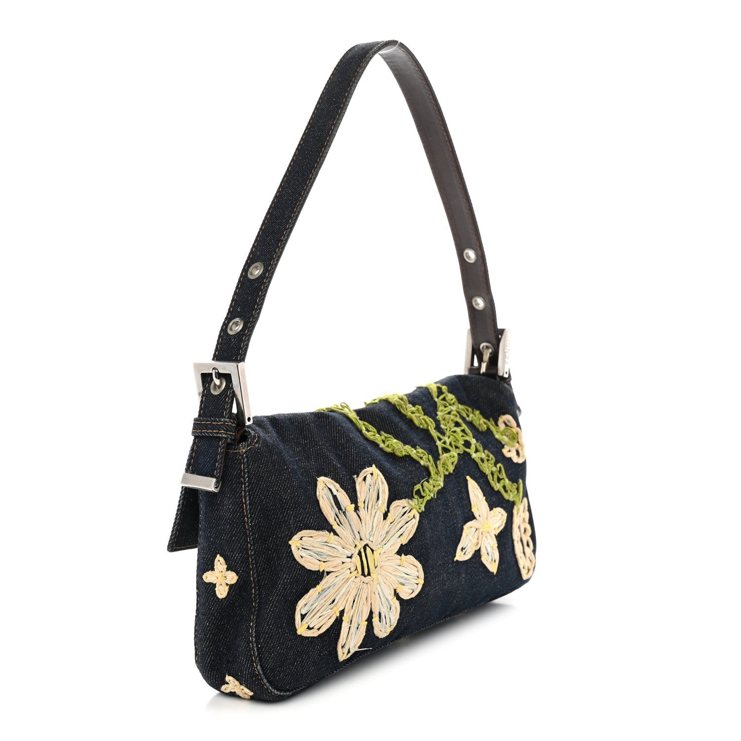 Fendi Denim Flower Applique Baguette Blue