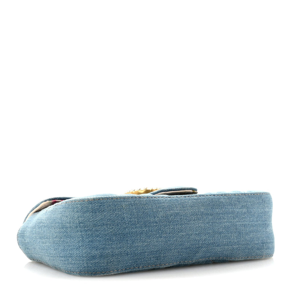 Gucci Denim Matelasse Mini Pearly GG Marmont Shoulder Bag Blue