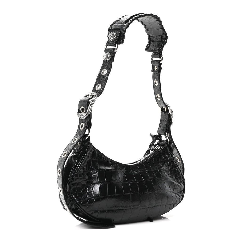 Balenciaga Extra Supple Calfskin Crystal Crocodile Embossed Le Cagole Shoulder Bag XS Black