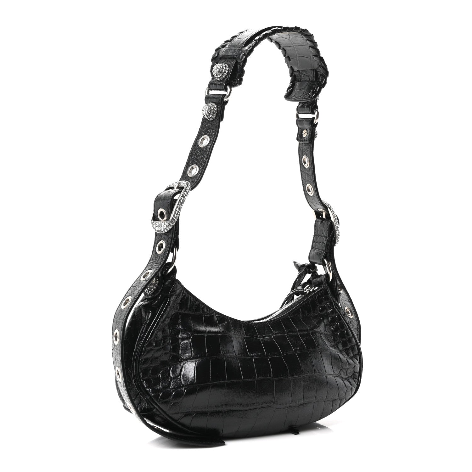 Balenciaga Extra Supple Calfskin Crystal Crocodile Embossed Le Cagole Shoulder Bag XS Black