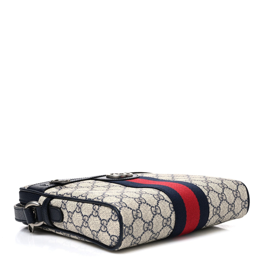 Gucci GG Supreme Monogram Textured Dollar Calfskin Web Small Ophidia Messenger Bag Beige Blue