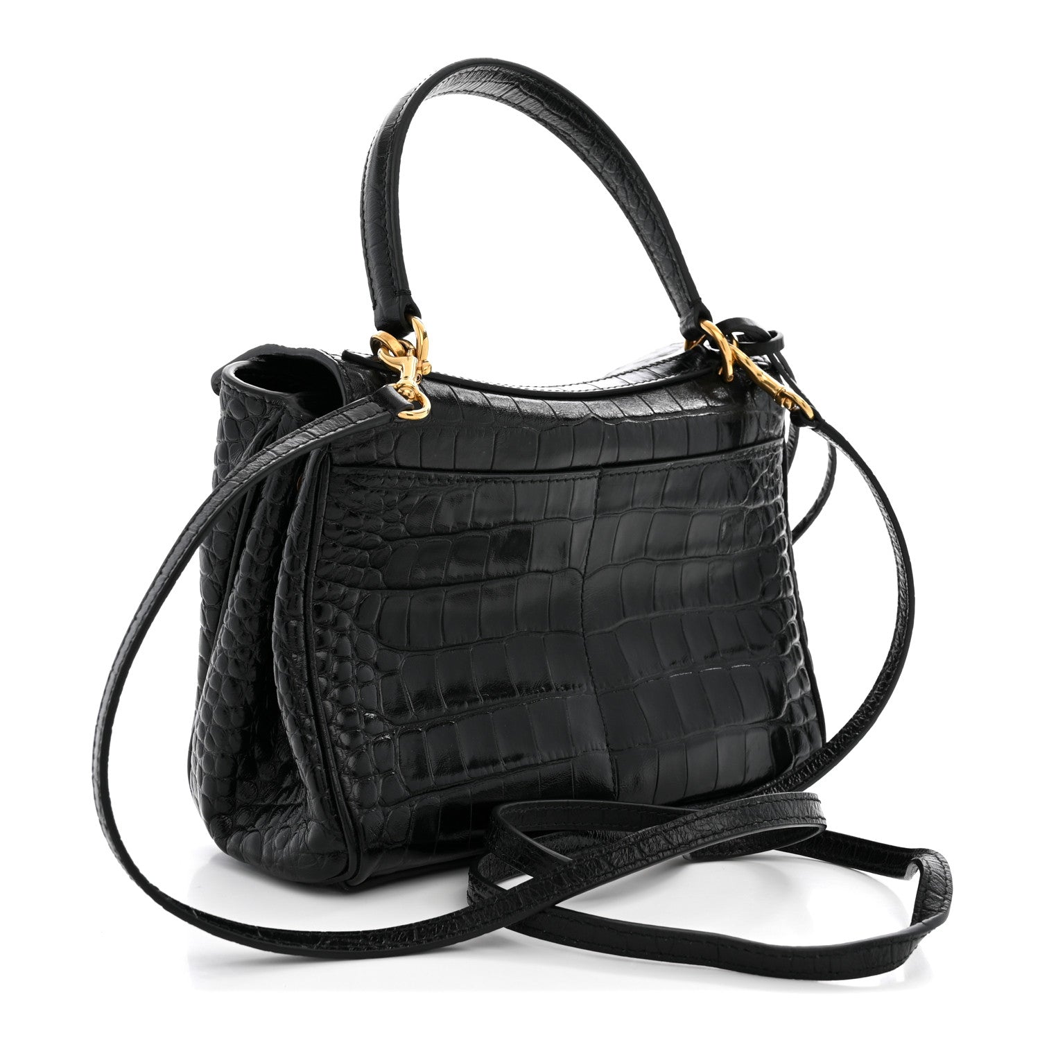 Balenciaga Shiny Calfskin Crocodile Embossed Mini Rodeo Top Handle Handbag Black