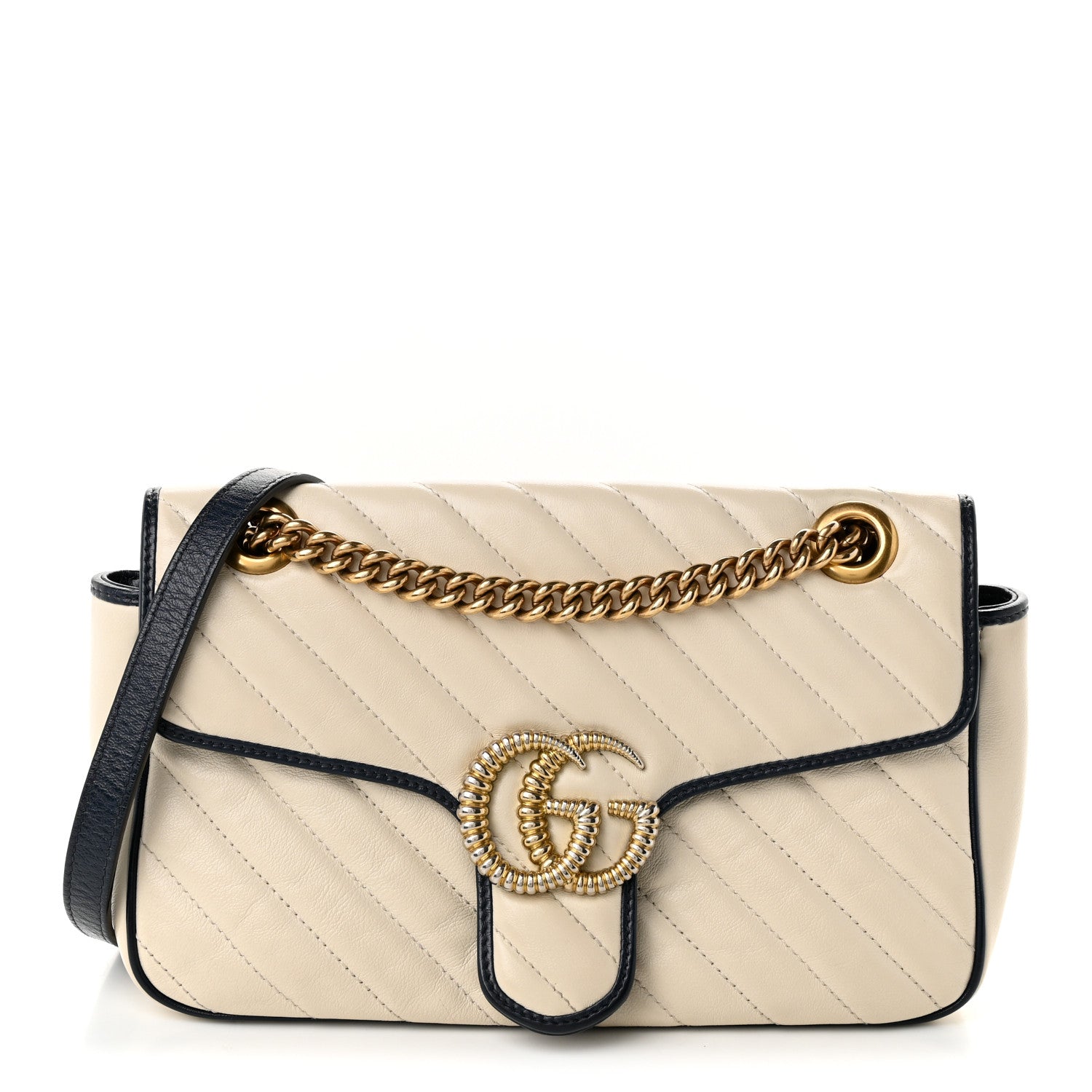 Gucci Vintage Effect Calfskin Matelasse Diagonal Small Torchon GG Marmont Shoulder Bag Mystic White Blue Agata