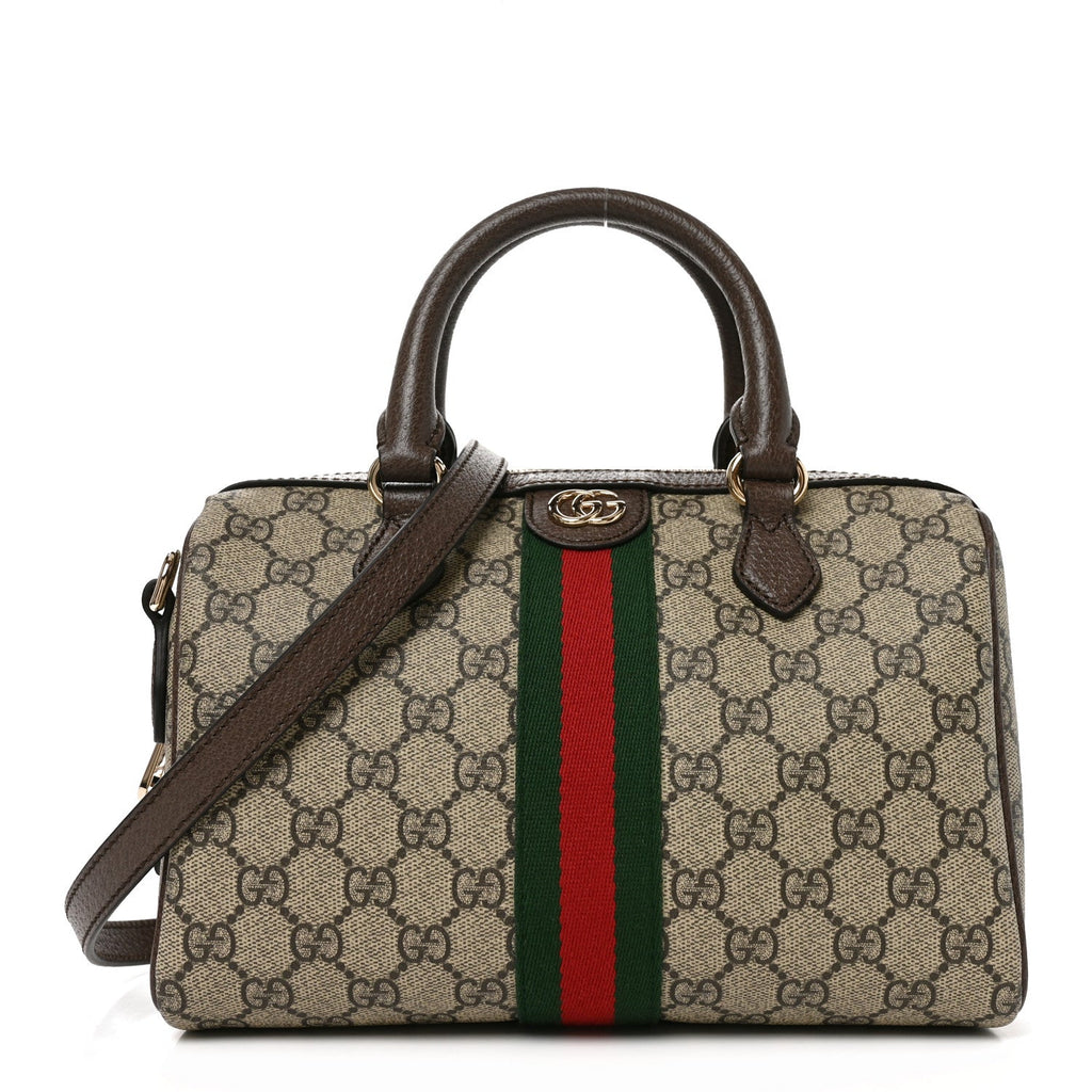 Gucci GG Supreme Monogram Web Medium Ophidia Top Handle Bag Beige Dark Brown
