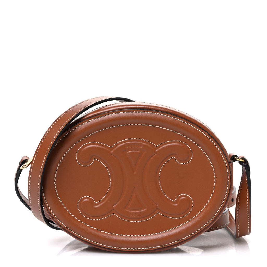 Celine Smooth Calfskin Cuir Small Triomphe Oval Crossbody Purse Tan
