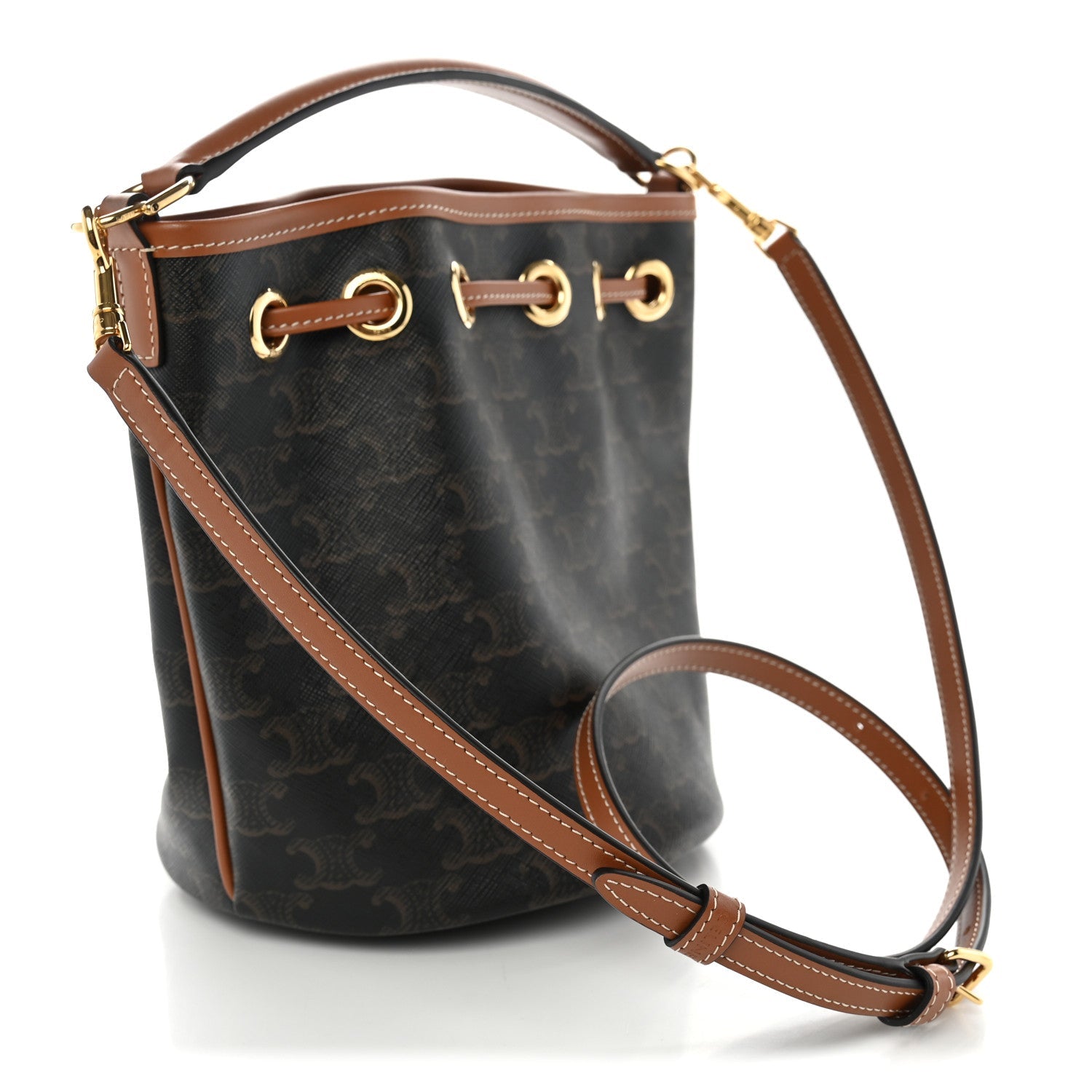 Celine Triomphe Canvas Calfskin Teen Clara Drawstring Bucket Bag Tan