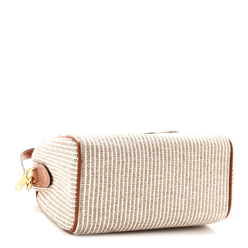 Celine Triomphe Textile Calfskin Striped Small Boston Bag Natural Tan