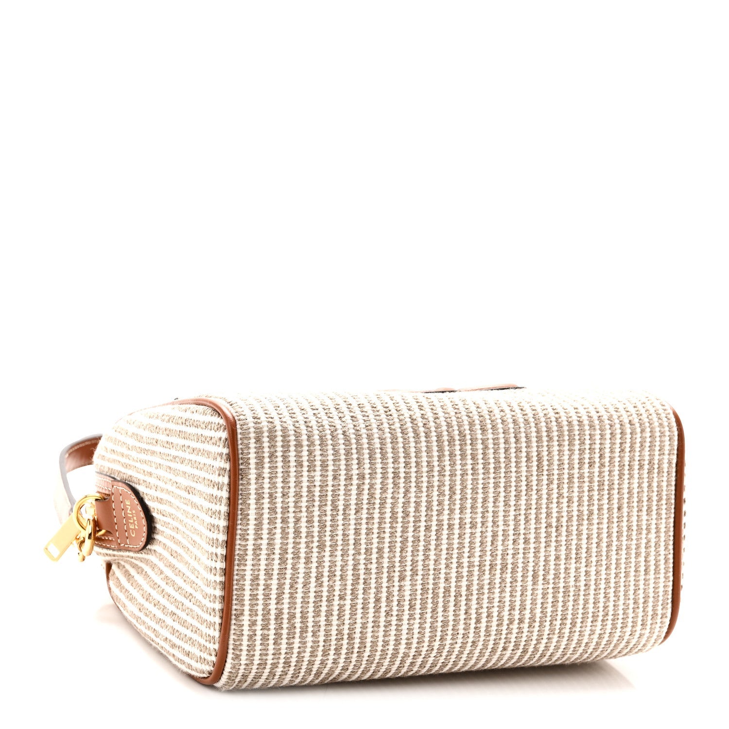Celine Triomphe Textile Calfskin Striped Small Boston Bag Natural Tan