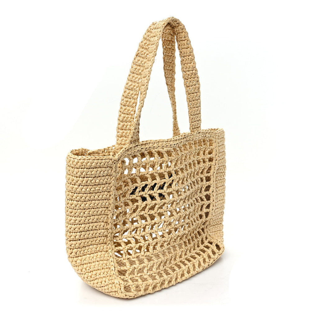 Prada Yarn Raffia Effect Crochet Logo Embroidered Small Tote Bag Naturale
