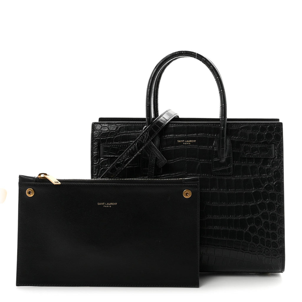 Saint Laurent Calfskin Crocodile Embossed Baby Sac De Jour Black
