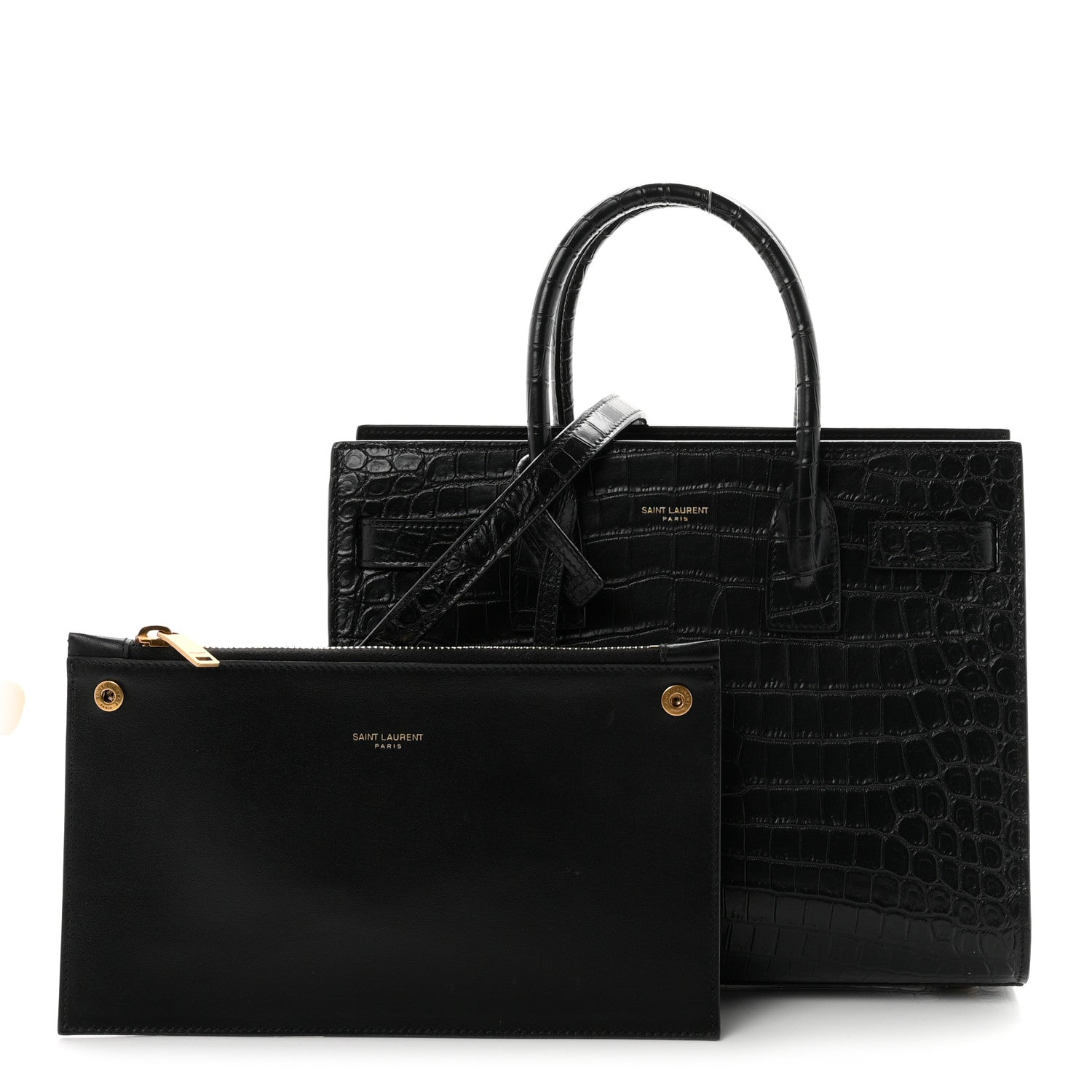 Saint Laurent Calfskin Crocodile Embossed Baby Sac De Jour Black