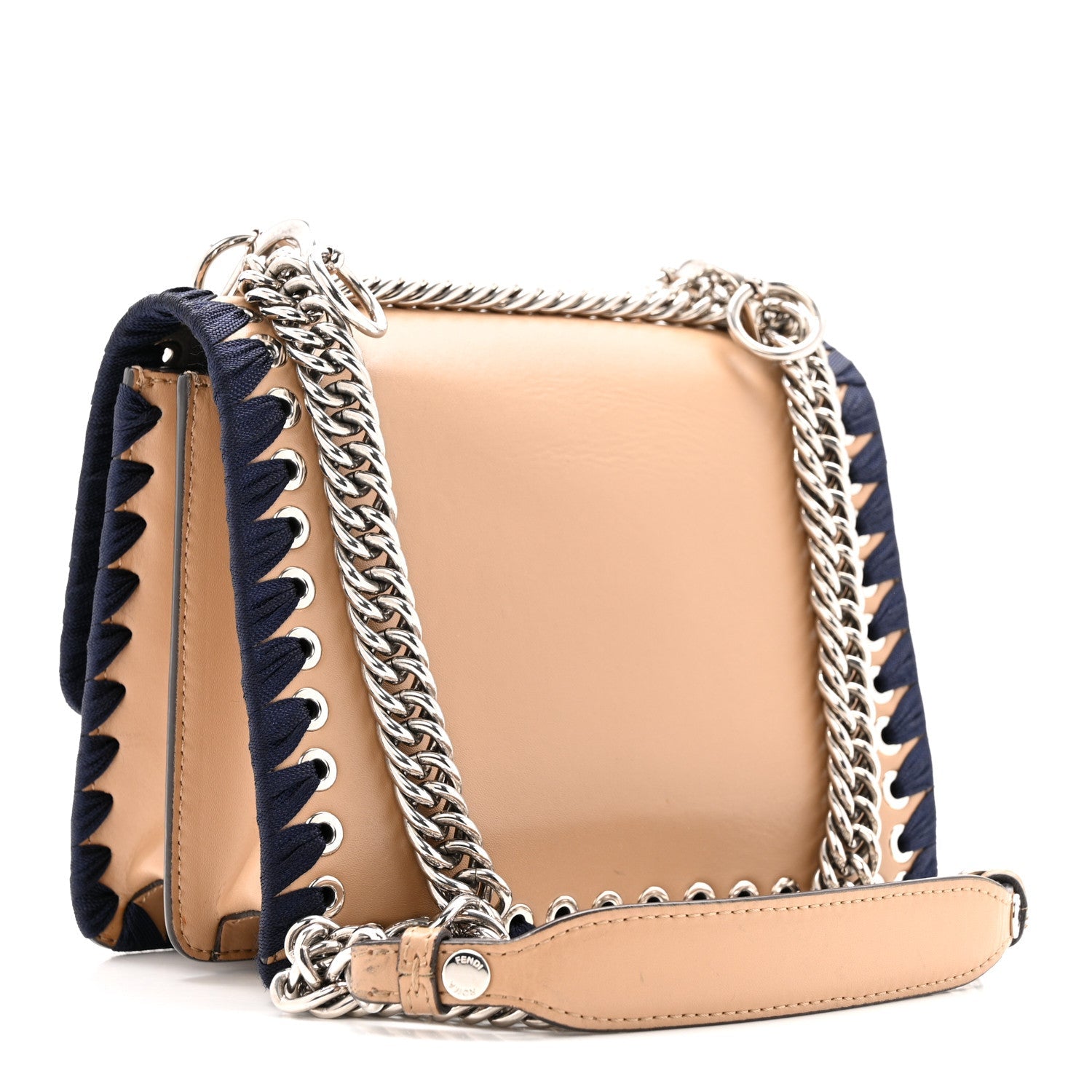 Fendi Vitello Liberty Lucido Ribbon Lace Up Studded Small Kan I Shoulder Bag Cuoio Navy
