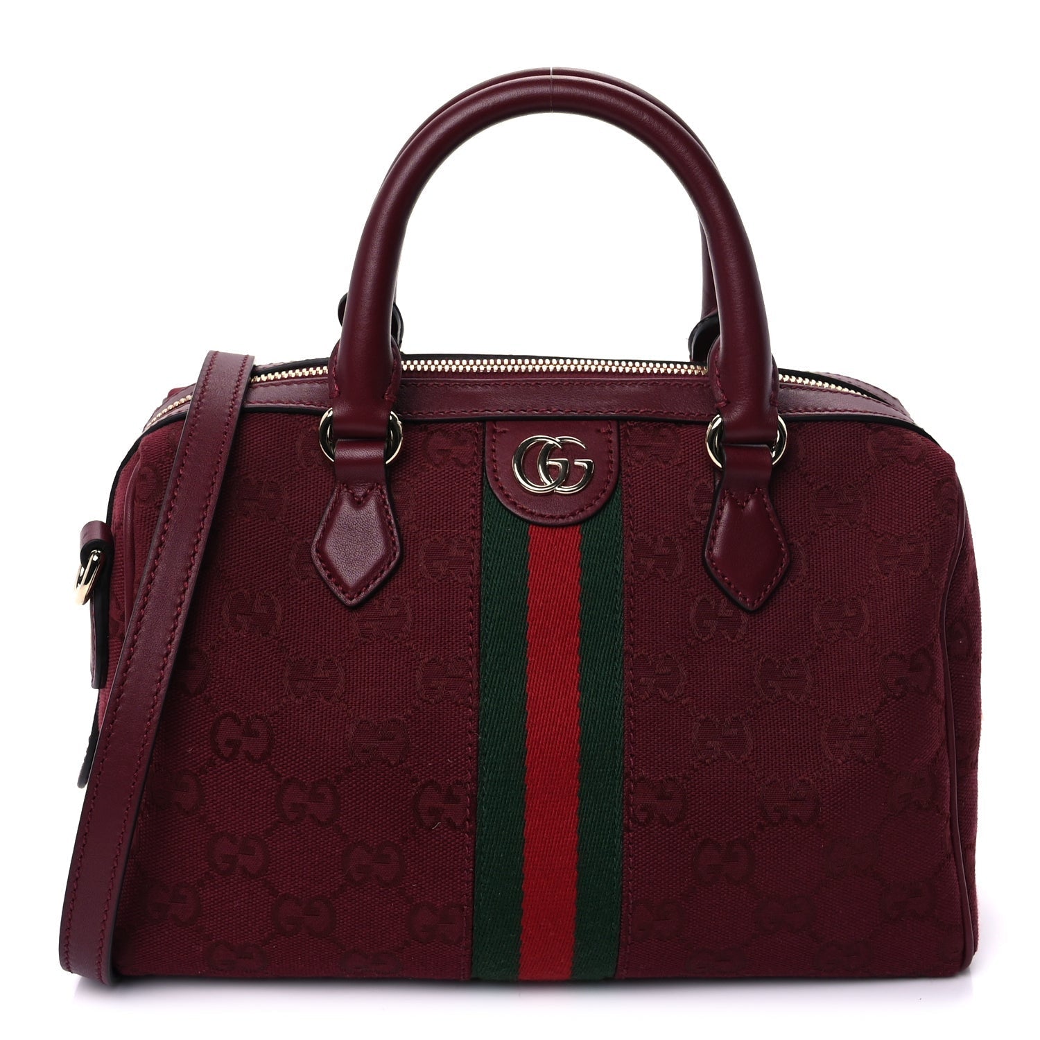 Gucci GG Monogram Textured Dollar Calfskin Web Small Ophidia Top Handle Bowler Bag Rosso Ancora