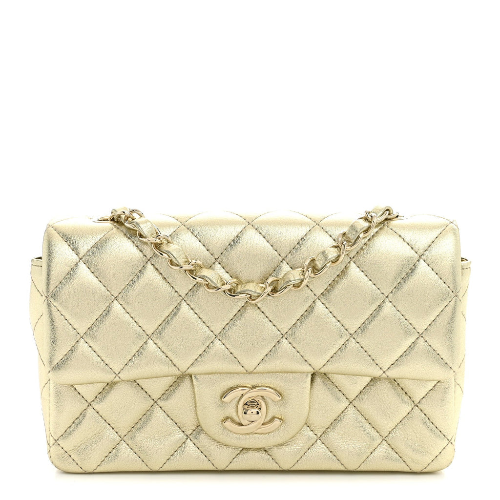 Chanel Metallic Lambskin Quilted Mini Rectangular Flap Gold