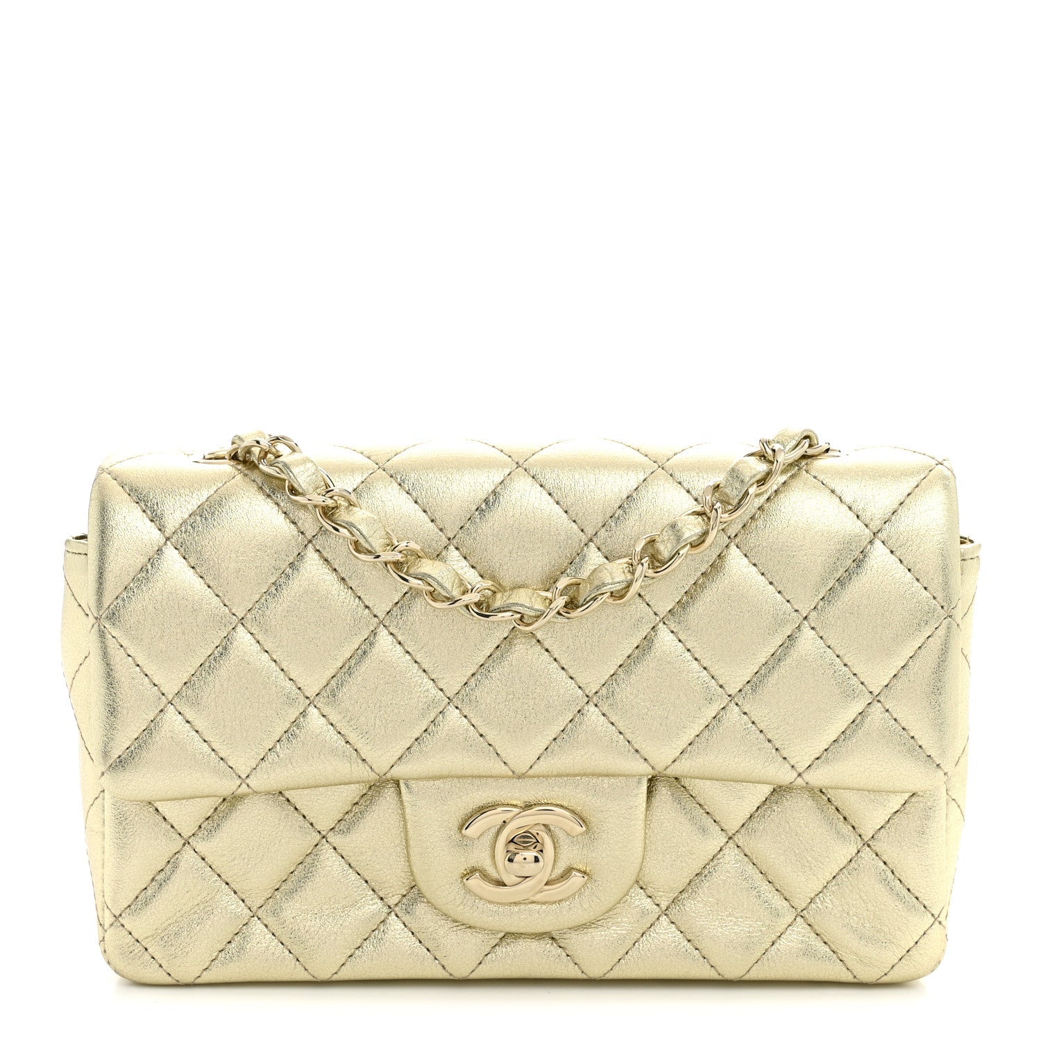 Chanel Metallic Lambskin Quilted Mini Rectangular Flap Gold