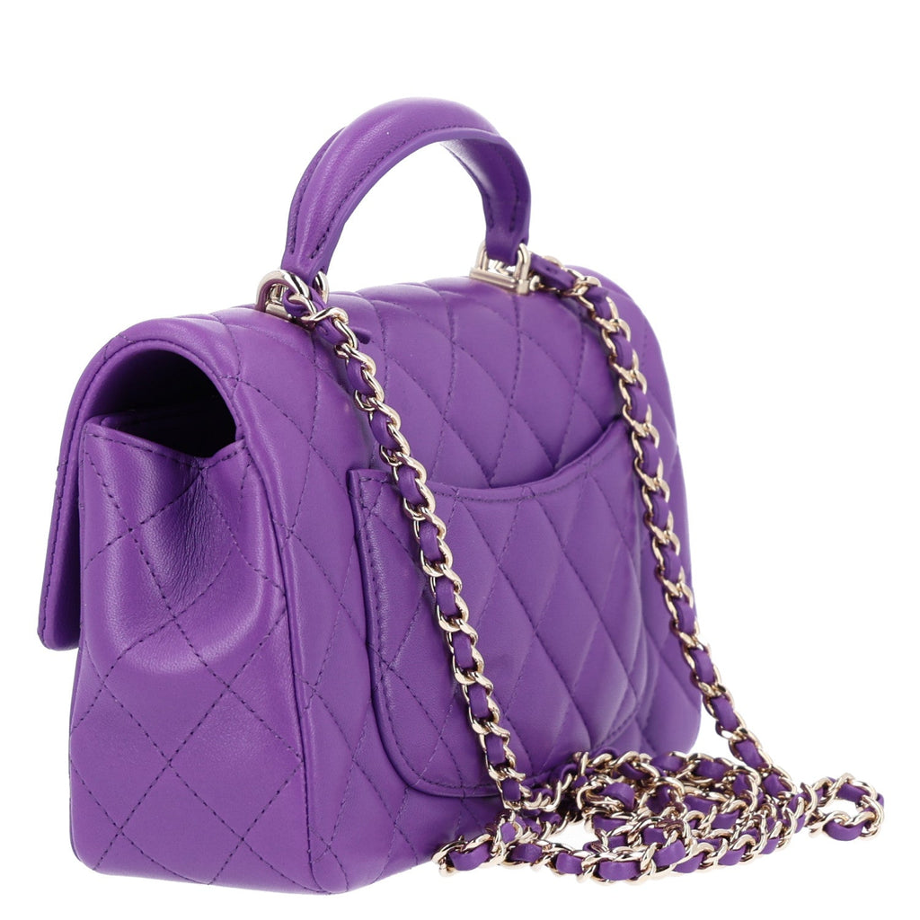 Chanel Lambskin Quilted Mini Top Handle Rectangular Flap Dark Purple