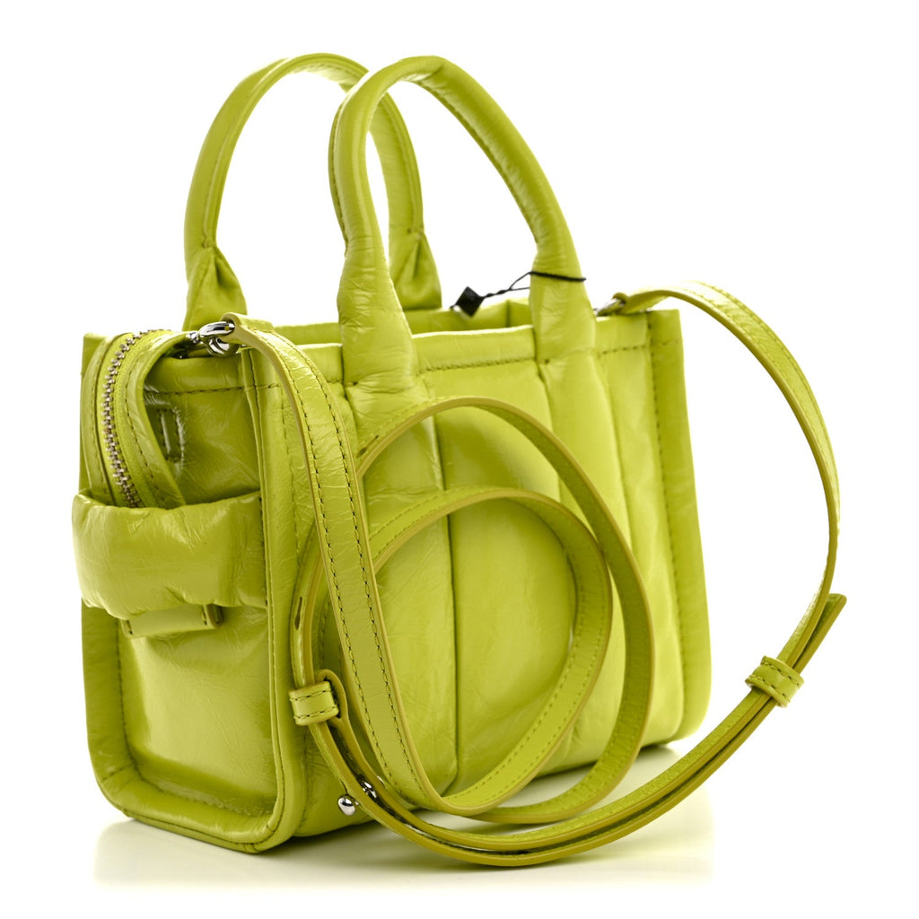 Shiny Crinkled Calfskin Mini The Tote Bag Acid Lime
