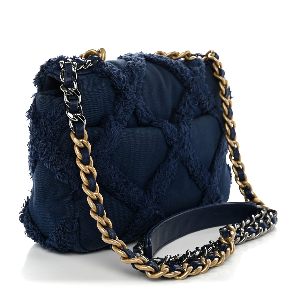 Chanel Cotton Canvas Quilted Medium Chanel 19 Flap Navy Blue
