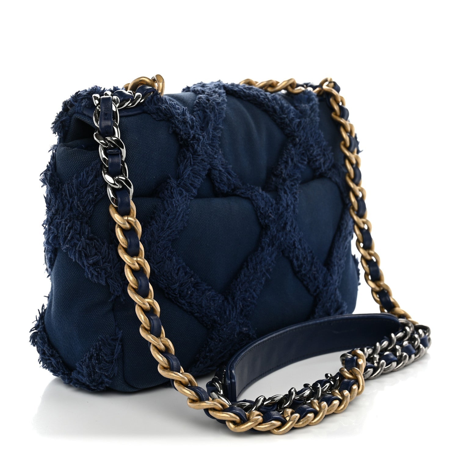 Chanel Cotton Canvas Quilted Medium Chanel 19 Flap Navy Blue