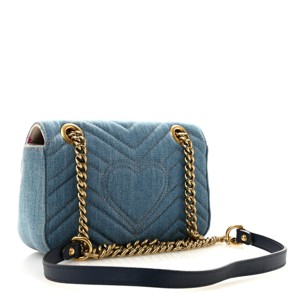 Gucci Denim Matelasse Mini Pearly GG Marmont Shoulder Bag Blue