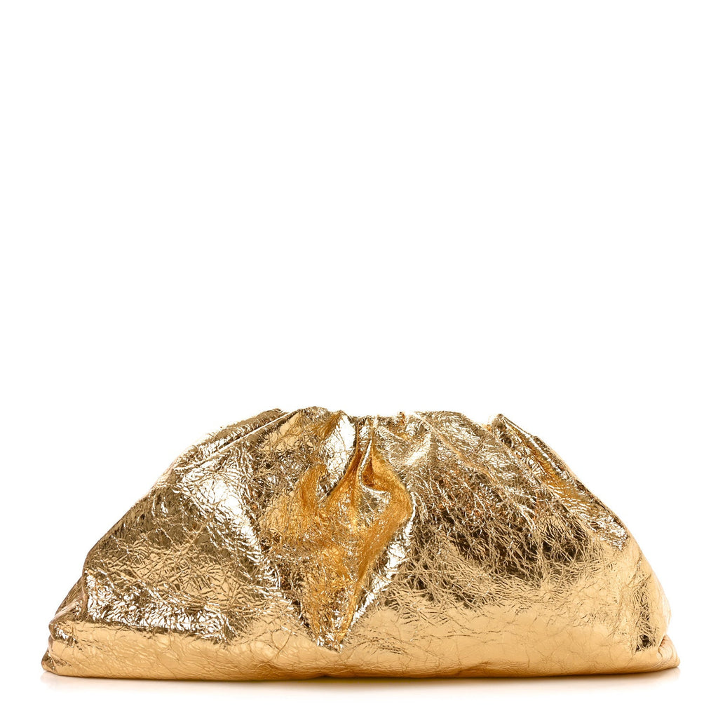 Bottega Veneta Metallic Crinkled Lambskin The Pouch Oversized Clutch Oro