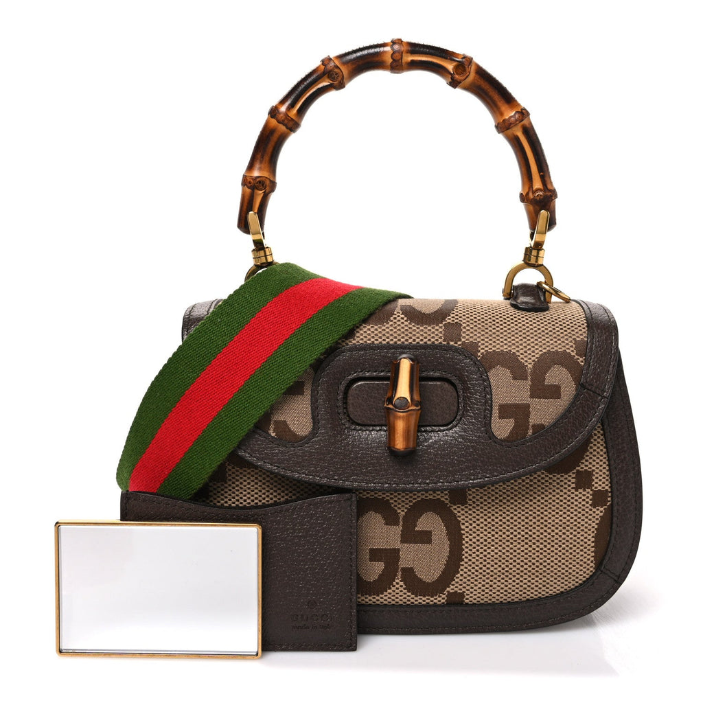 Gucci Monogram Jumbo GG Textured Dollar Calfskin Web Small Bamboo 1947 Top Handle Bag Camel Ebony New Acero