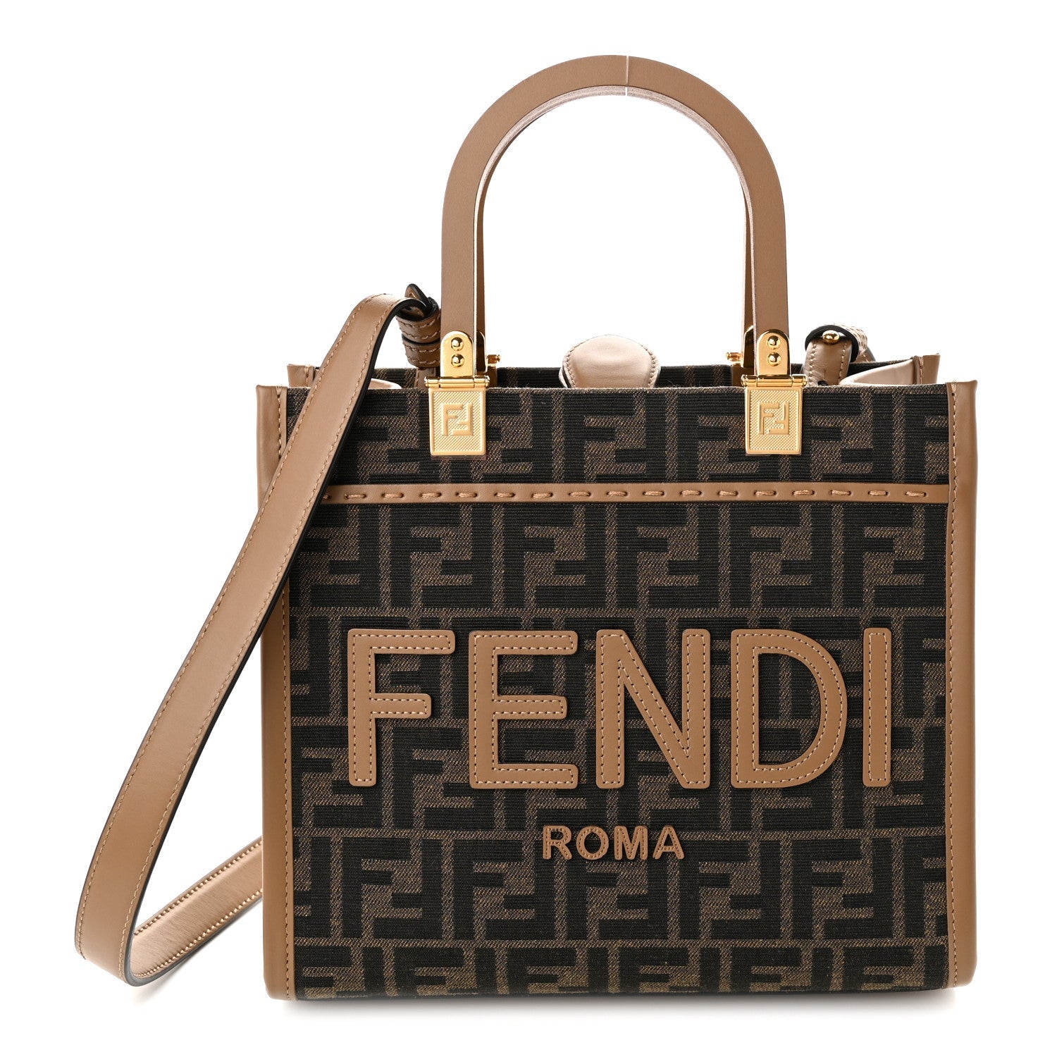 Fendi Fabric Jacquard FF 1974 Logo Small Fendi Sunshine Shopper Tote Tobacco Moro Sand