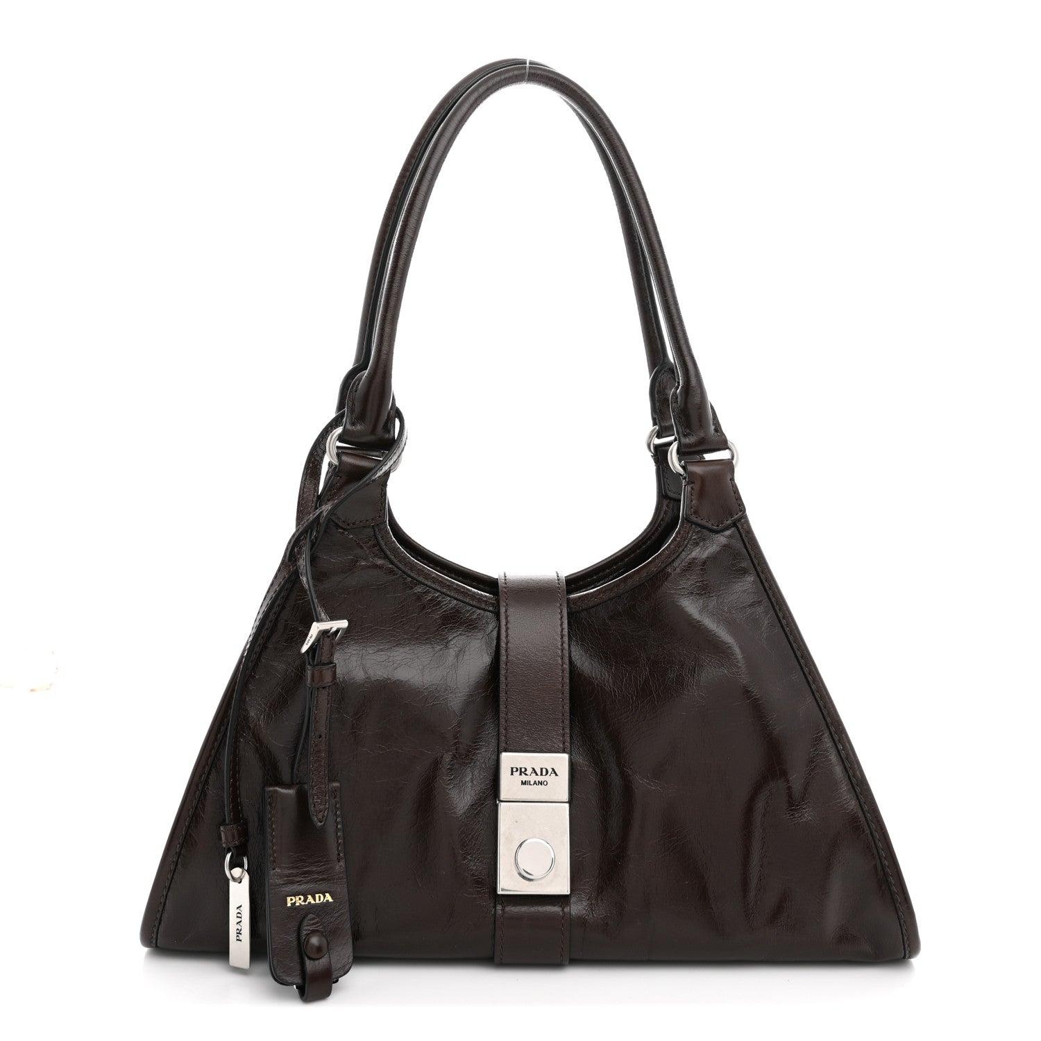 Prada Glossy Calfskin Medium Tote Bag Dark Brown front view