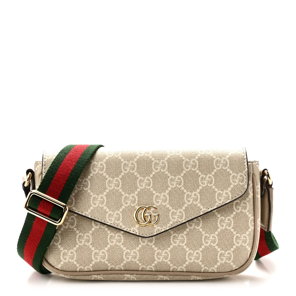 Gucci GG Supreme Monogram Textured Dollar Calfskin Web Mini Ophidia Envelope Shoulder Bag Beige Mystic White Oatmeal