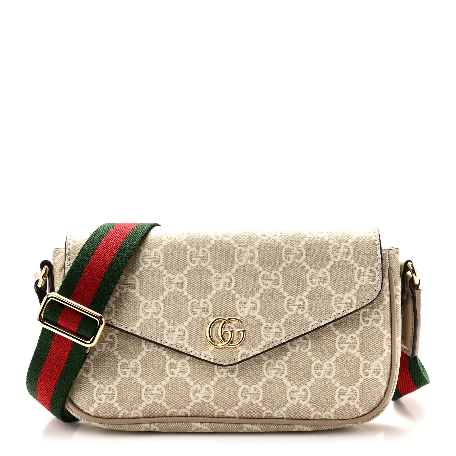 Gucci GG Supreme Monogram Textured Dollar Calfskin Web Mini Ophidia Envelope Shoulder Bag Beige Mystic White Oatmeal