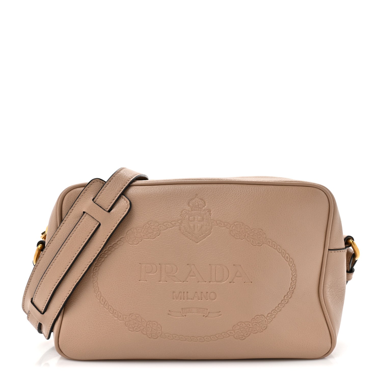 Prada Glace Calfskin Embossed Logo Crossbody Cammeo