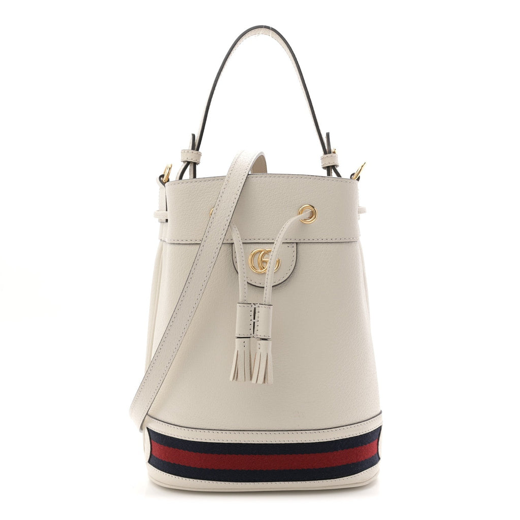 Gucci Glazed Textured Calfskin Web Small Ophidia Bucket Bag Mystic White