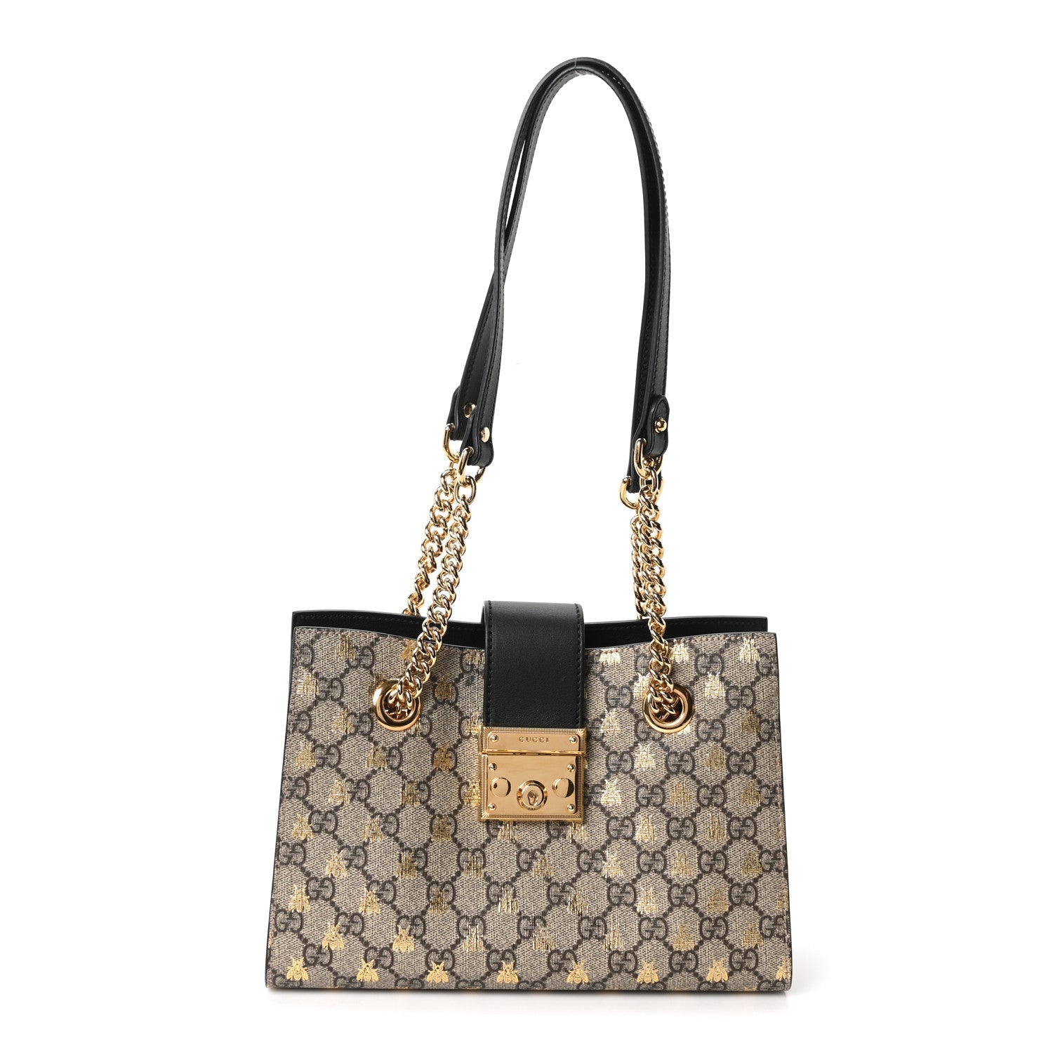 Gucci GG Supreme Monogram Bees Small Padlock Tote Beige Oro Black