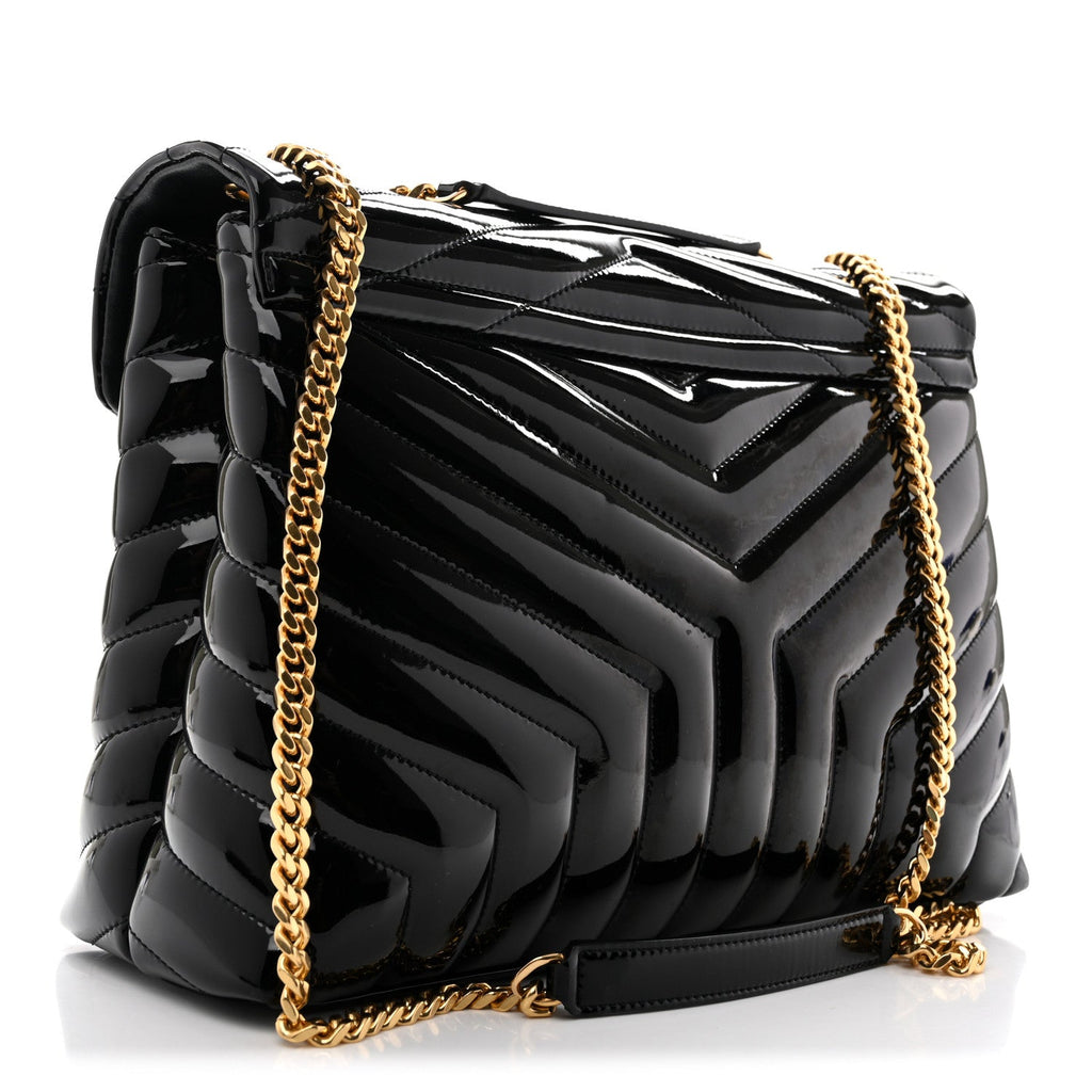 Saint Laurent Patent Y Quilted Monogram Medium Loulou Chain Satchel Black