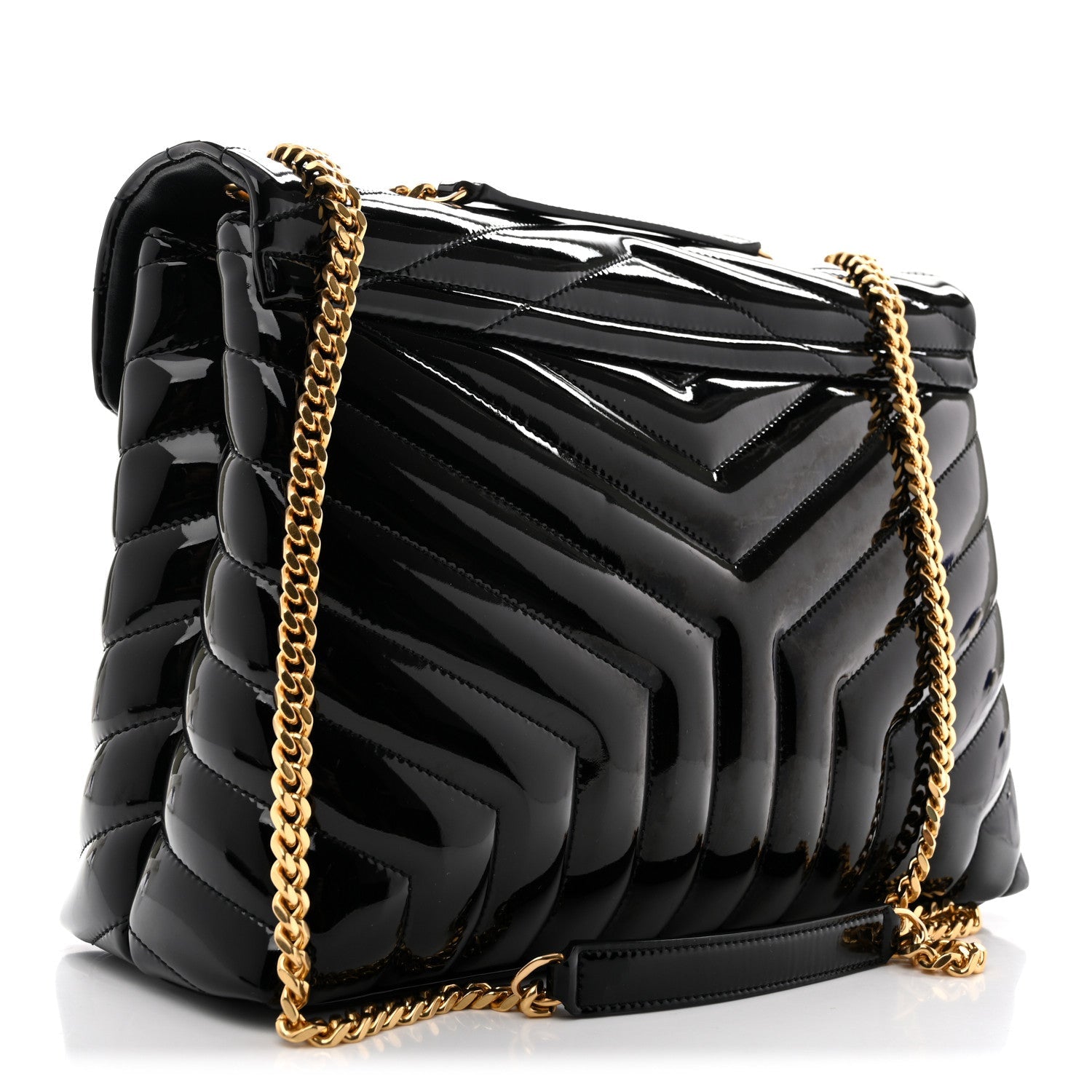 Saint Laurent Patent Y Quilted Monogram Medium Loulou Chain Satchel Black