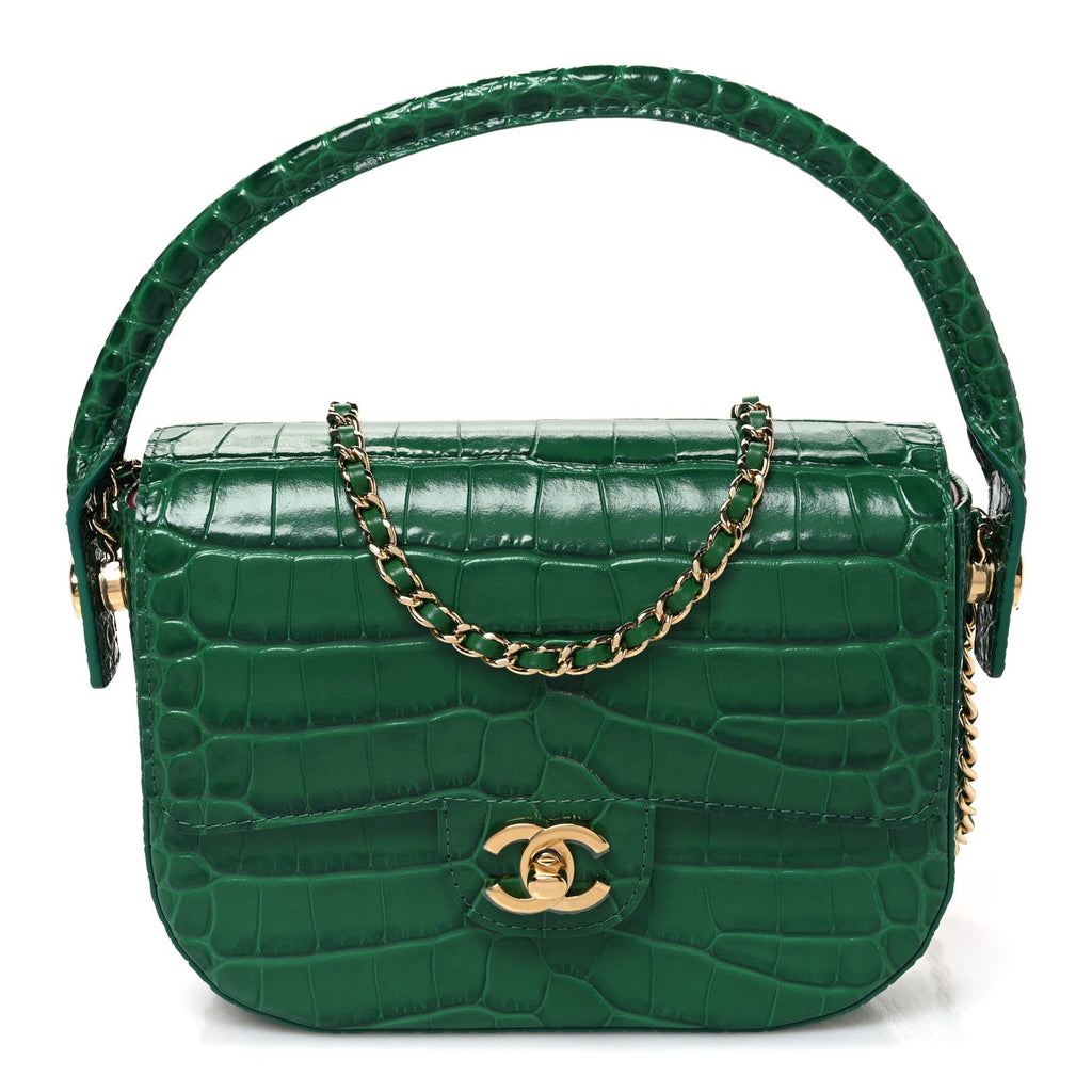 Chanel Crocodile Embossed Calfskin Turn Around Mini Flap Bag With Top Handle Green