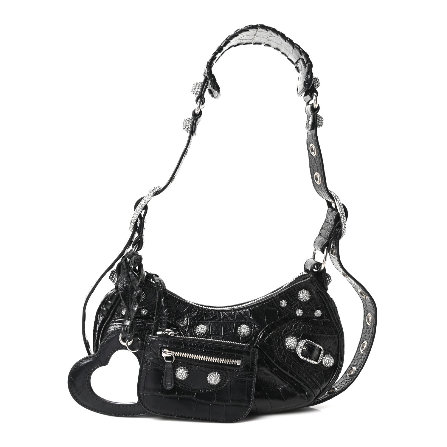 Balenciaga Extra Supple Calfskin Crystal Crocodile Embossed Le Cagole Shoulder Bag XS Black